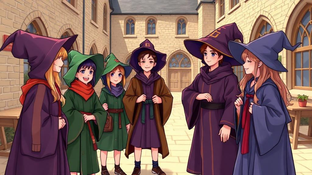 Grupo de amigos estudantes em Hogwarts