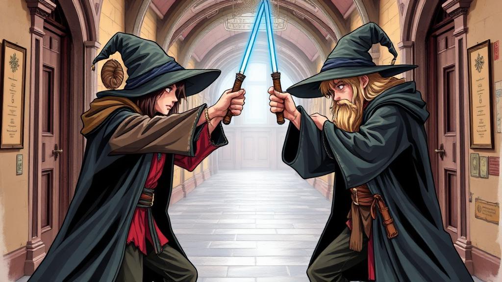 Dois estudantes em pose de duelo ou competição